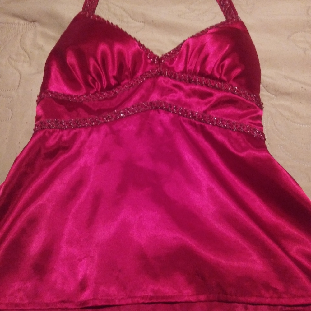 Red Satin halter top with beaded trim
